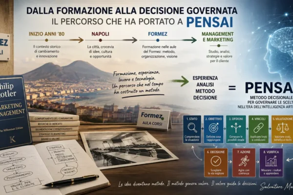 Percorso dalla formazione al metodo PENSAI: Formez Napoli, management e marketing, studio di Philip Kotler e sviluppo del metodo decisionale di Salvatore Martino.