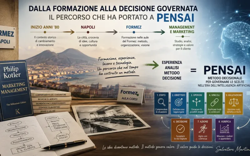 Percorso dalla formazione al metodo PENSAI: Formez Napoli, management e marketing, studio di Philip Kotler e sviluppo del metodo decisionale di Salvatore Martino.