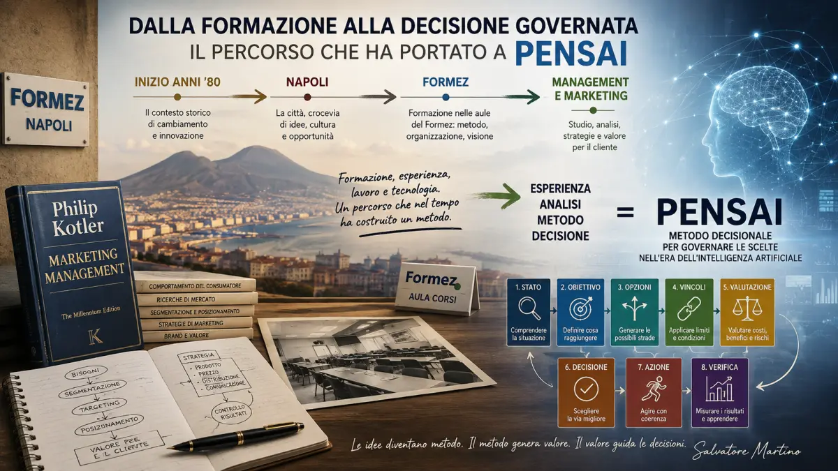 Percorso dalla formazione al metodo PENSAI: Formez Napoli, management e marketing, studio di Philip Kotler e sviluppo del metodo decisionale di Salvatore Martino.