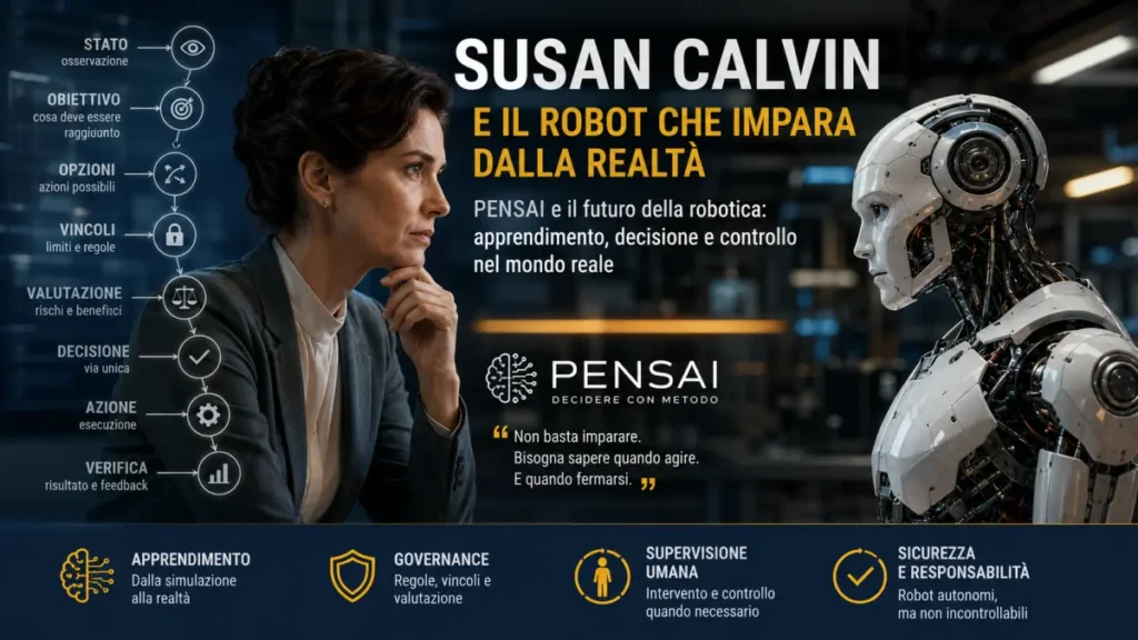 Susan Calvin osserva un robot umanoide in un laboratorio, simbolo del rapporto tra apprendimento, decisione e governance dell’intelligenza artificiale.