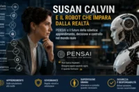 Susan Calvin osserva un robot umanoide in un laboratorio, simbolo del rapporto tra apprendimento, decisione e governance dell’intelligenza artificiale.