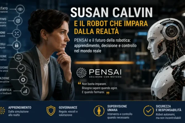 Susan Calvin osserva un robot umanoide in un laboratorio, simbolo del rapporto tra apprendimento, decisione e governance dell’intelligenza artificiale.