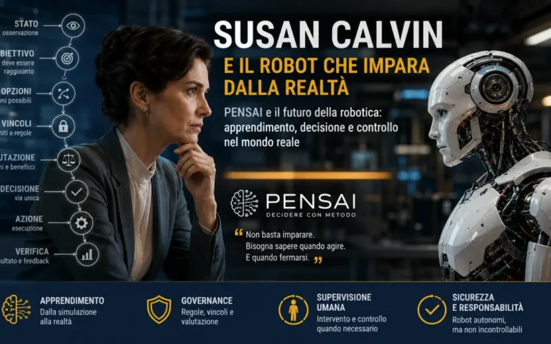 Susan Calvin osserva un robot umanoide in un laboratorio, simbolo del rapporto tra apprendimento, decisione e governance dell’intelligenza artificiale.