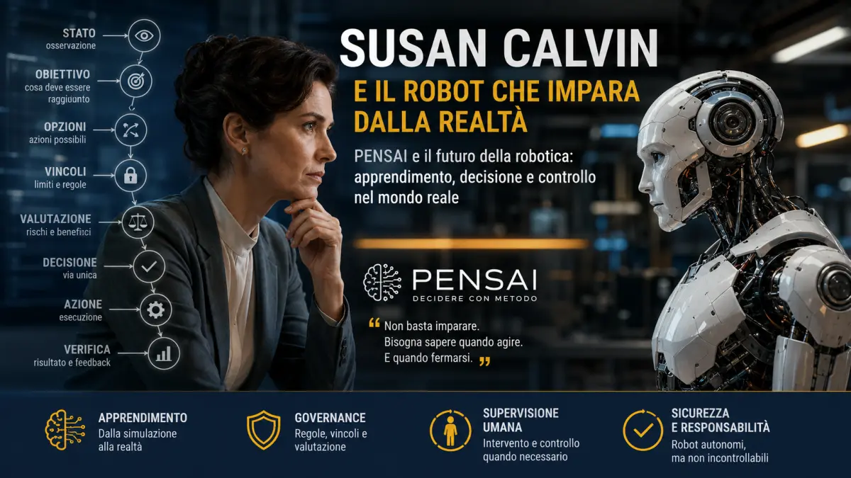 Susan Calvin osserva un robot umanoide in un laboratorio, simbolo del rapporto tra apprendimento, decisione e governance dell’intelligenza artificiale.