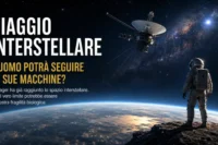 Astronauta osserva la Terra nello spazio mentre una sonda Voyager viaggia verso le stelle, simbolo dei limiti biologici dell’uomo nel viaggio interstellare.