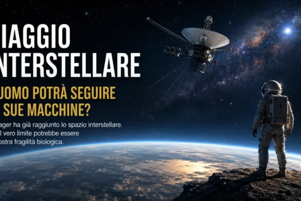 Astronauta osserva la Terra nello spazio mentre una sonda Voyager viaggia verso le stelle, simbolo dei limiti biologici dell’uomo nel viaggio interstellare.