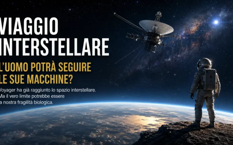 Astronauta osserva la Terra nello spazio mentre una sonda Voyager viaggia verso le stelle, simbolo dei limiti biologici dell’uomo nel viaggio interstellare.