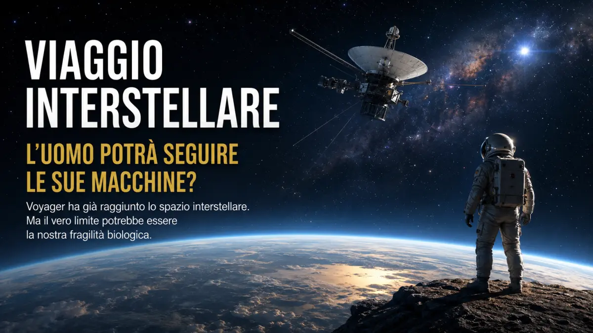 Astronauta osserva la Terra nello spazio mentre una sonda Voyager viaggia verso le stelle, simbolo dei limiti biologici dell’uomo nel viaggio interstellare.