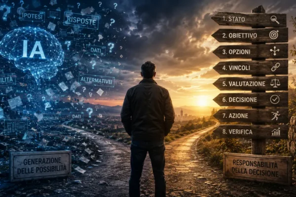 Uomo davanti al bivio tra intelligenza artificiale e processo decisionale PENSAI