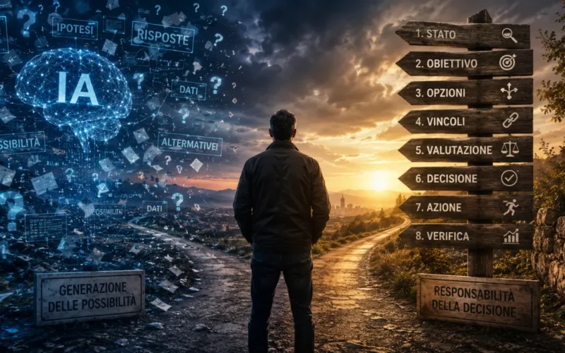 Uomo davanti al bivio tra intelligenza artificiale e processo decisionale PENSAI
