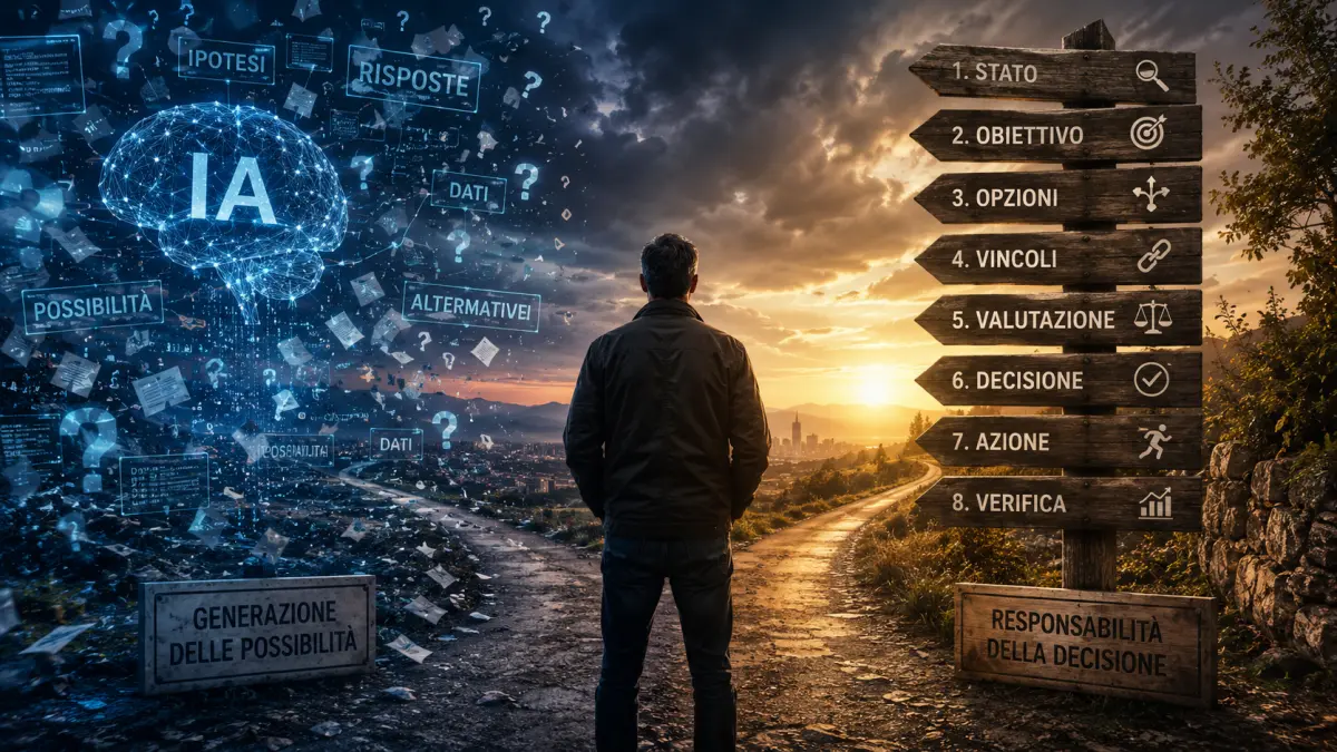 Uomo davanti al bivio tra intelligenza artificiale e processo decisionale PENSAI
