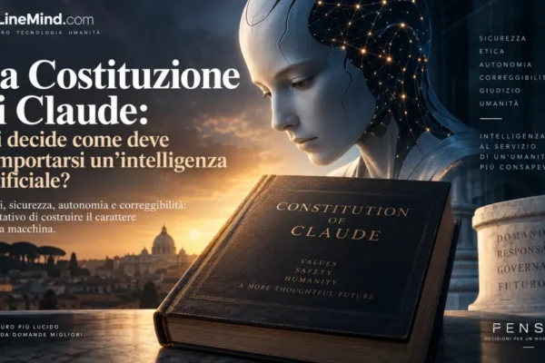 La Costituzione di Claude rappresentata da un libro intitolato “Constitution of Claude” accanto a un’intelligenza artificiale umanoide, simbolo di sicurezza, etica, autonomia, correggibilità e governance dell’intelligenza artificiale.