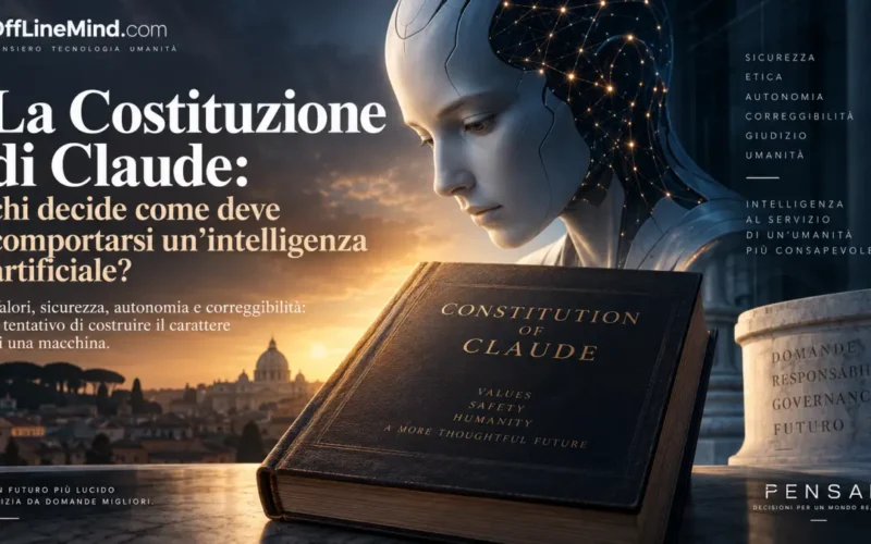 La Costituzione di Claude rappresentata da un libro intitolato “Constitution of Claude” accanto a un’intelligenza artificiale umanoide, simbolo di sicurezza, etica, autonomia, correggibilità e governance dell’intelligenza artificiale.