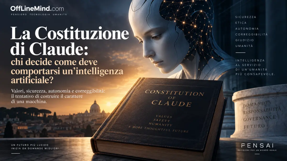 La Costituzione di Claude rappresentata da un libro intitolato “Constitution of Claude” accanto a un’intelligenza artificiale umanoide, simbolo di sicurezza, etica, autonomia, correggibilità e governance dell’intelligenza artificiale.