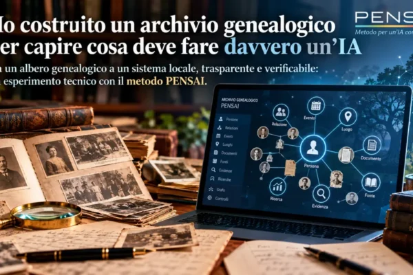 Archivio genealogico PENSAI con fotografie storiche e interfaccia digitale per persone, relazioni, documenti e fonti