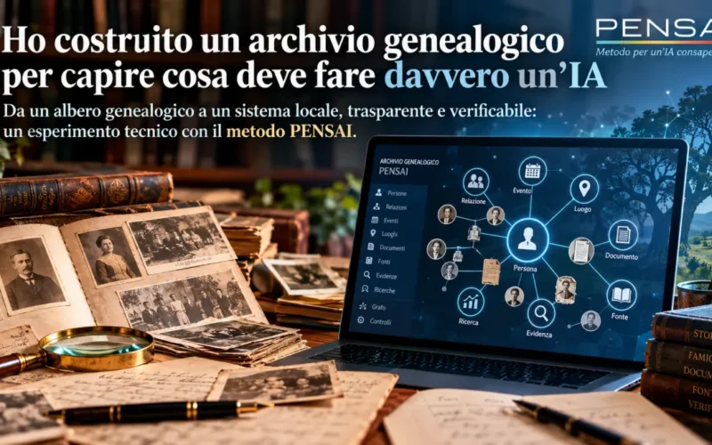 Archivio genealogico PENSAI con fotografie storiche e interfaccia digitale per persone, relazioni, documenti e fonti