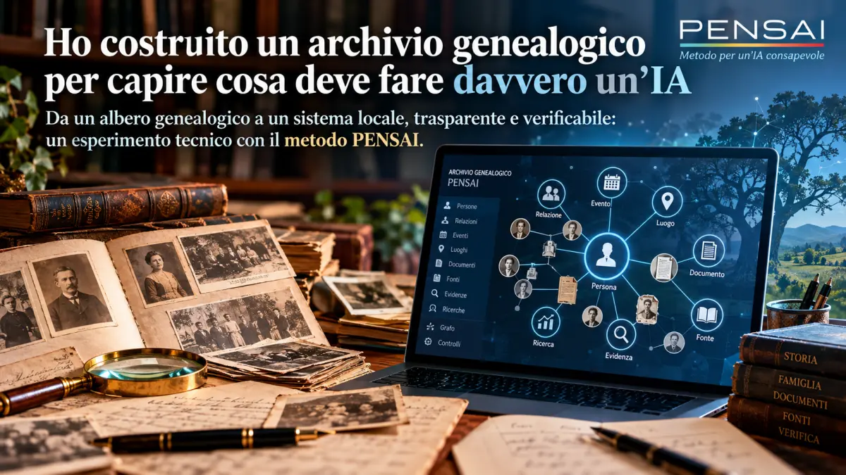 Archivio genealogico PENSAI con fotografie storiche e interfaccia digitale per persone, relazioni, documenti e fonti
