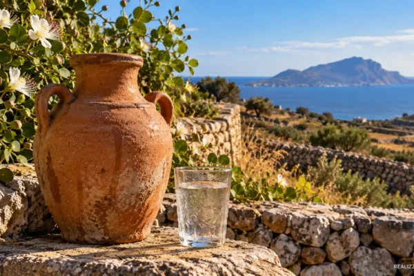 Bummulu siciliano in terracotta con acqua su una terrazza mediterranea