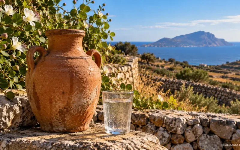 Bummulu siciliano in terracotta con acqua su una terrazza mediterranea