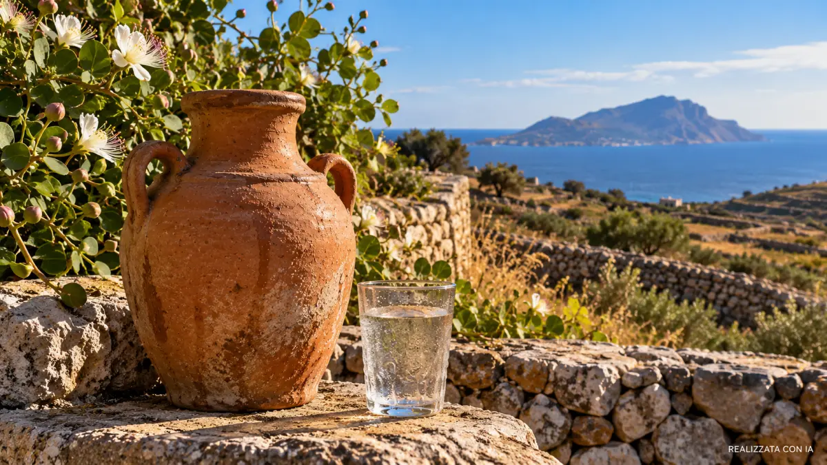 Bummulu siciliano in terracotta con acqua su una terrazza mediterranea