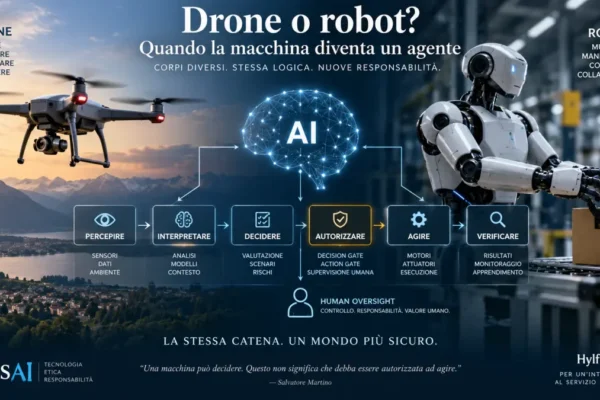 Drone e robot collegati da un sistema AI con processo di percezione, decisione, autorizzazione, azione e verifica.