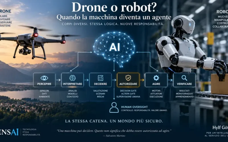 Drone e robot collegati da un sistema AI con processo di percezione, decisione, autorizzazione, azione e verifica.