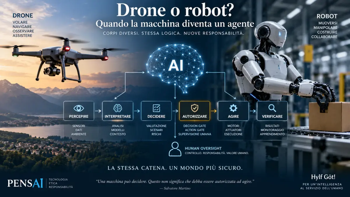 Drone e robot collegati da un sistema AI con processo di percezione, decisione, autorizzazione, azione e verifica.