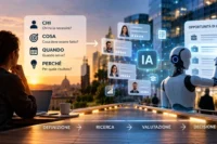 Donna al computer e robot IA collegati da un percorso digitale che rappresenta il futuro del lavoro: definizione, ricerca, valutazione e decisione attraverso chi, cosa, quando e perché.