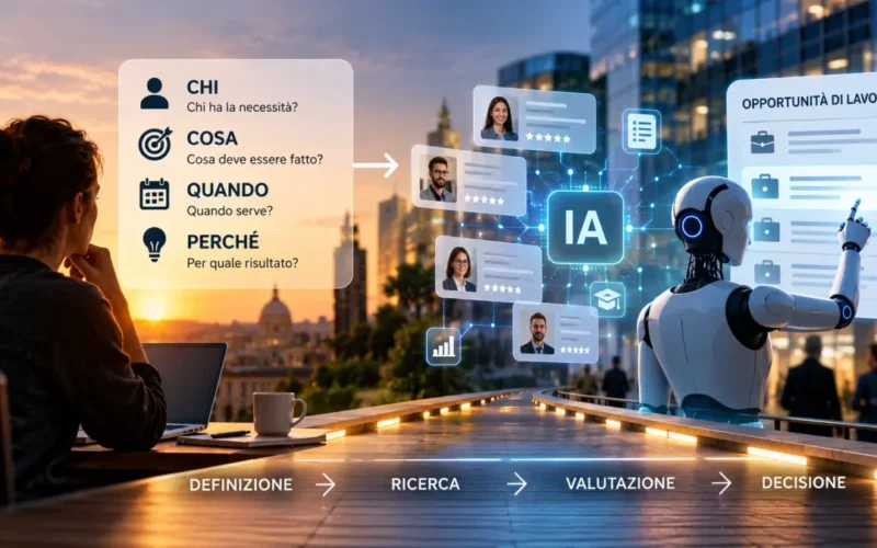 Donna al computer e robot IA collegati da un percorso digitale che rappresenta il futuro del lavoro: definizione, ricerca, valutazione e decisione attraverso chi, cosa, quando e perché.