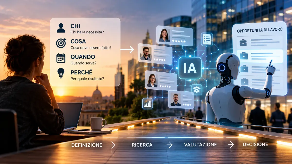 Donna al computer e robot IA collegati da un percorso digitale che rappresenta il futuro del lavoro: definizione, ricerca, valutazione e decisione attraverso chi, cosa, quando e perché.