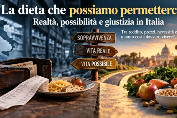 Illustrazione sulla possibilità di alimentarsi in Italia tra reddito, prezzi, necessità e giustizia sociale.
