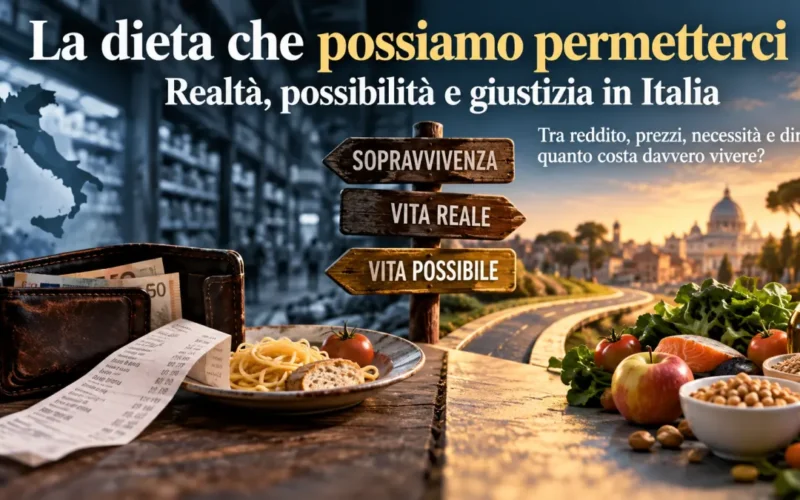 Illustrazione sulla possibilità di alimentarsi in Italia tra reddito, prezzi, necessità e giustizia sociale.