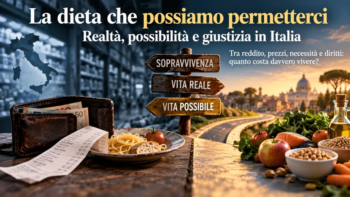 Illustrazione sulla possibilità di alimentarsi in Italia tra reddito, prezzi, necessità e giustizia sociale.