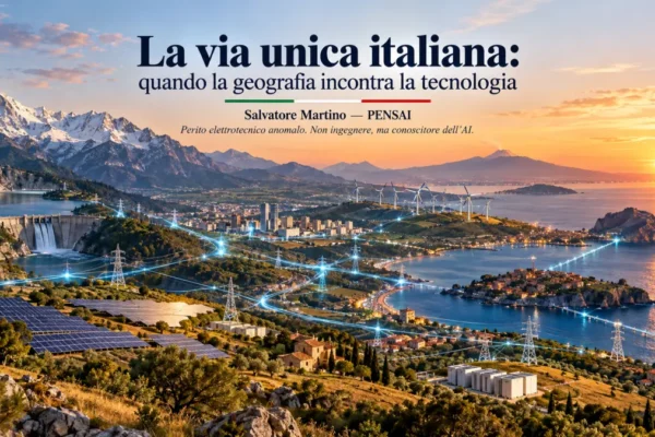 Paesaggio italiano con montagne, impianti energetici e rete elettrica che collega produzione e territori