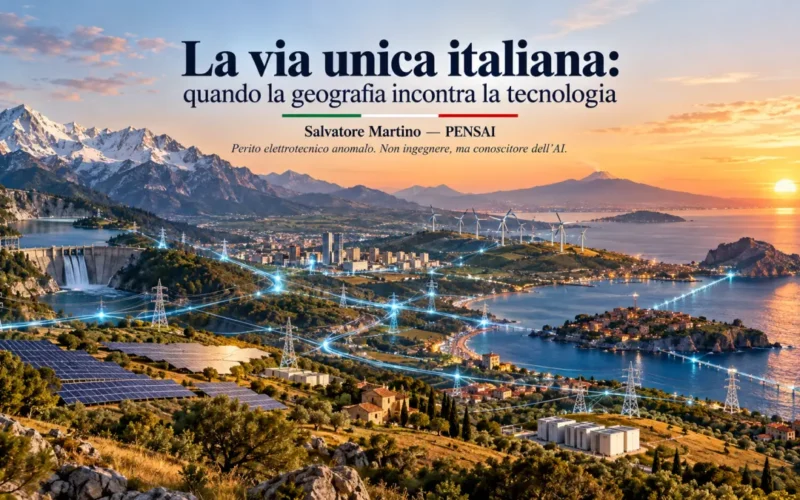 Paesaggio italiano con montagne, impianti energetici e rete elettrica che collega produzione e territori