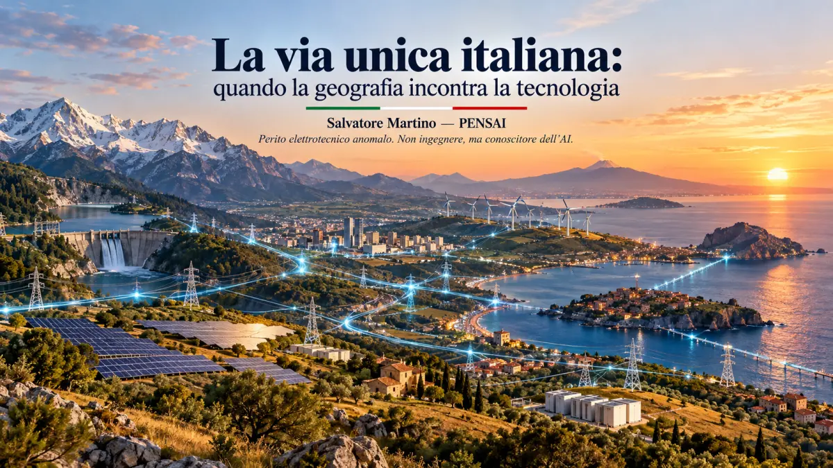 Paesaggio italiano con montagne, impianti energetici e rete elettrica che collega produzione e territori