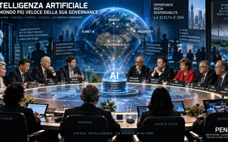 Leader politici, istituzioni economiche e aziende tecnologiche riuniti per discutere la governance dell'intelligenza artificiale
