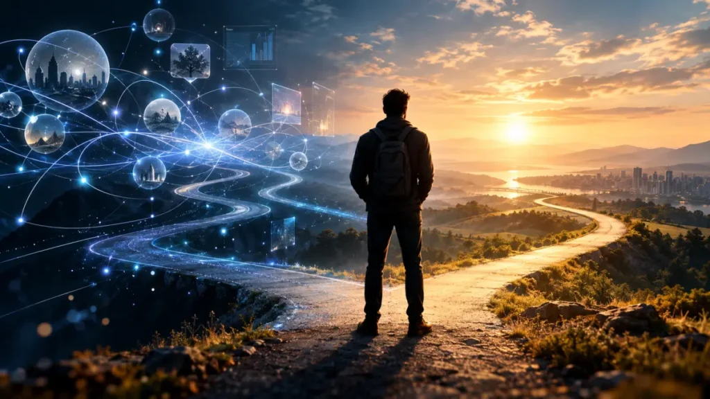 Attimo della decisione tra possibilità, intelligenza artificiale e realtà