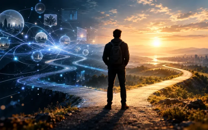 Attimo della decisione tra possibilità, intelligenza artificiale e realtà