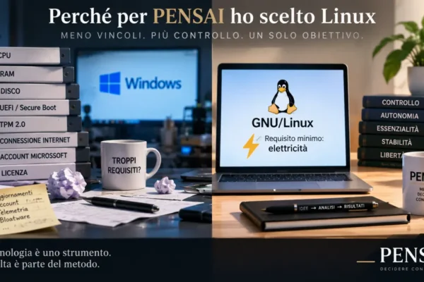 Confronto tra Windows e GNU/Linux: per PENSAI, Linux rappresenta una scelta orientata a controllo, autonomia, essenzialità e stabilità.