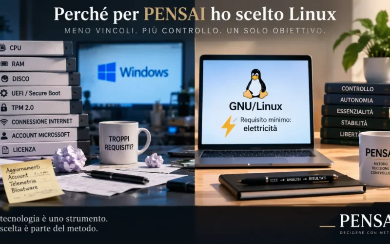 Confronto tra Windows e GNU/Linux: per PENSAI, Linux rappresenta una scelta orientata a controllo, autonomia, essenzialità e stabilità.