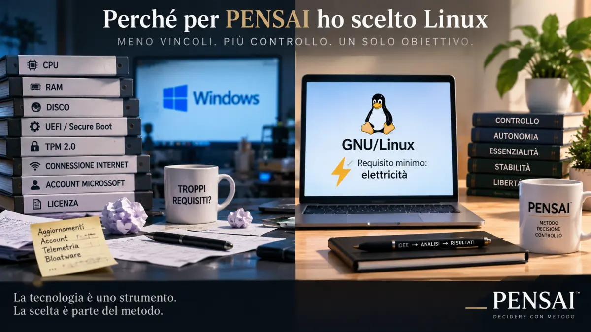 Confronto tra Windows e GNU/Linux: per PENSAI, Linux rappresenta una scelta orientata a controllo, autonomia, essenzialità e stabilità.