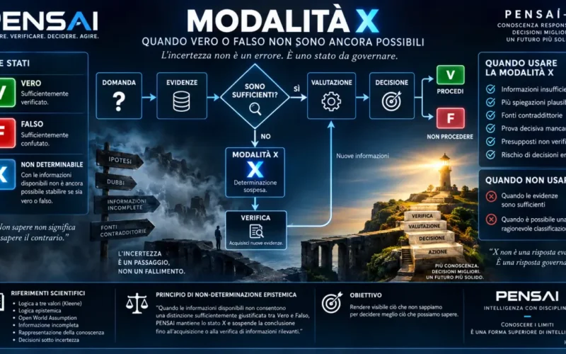 Schema PENSAI della Modalità X tra incertezza, verifica e decisione