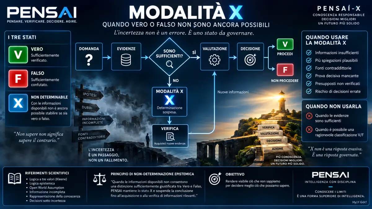 Schema PENSAI della Modalità X tra incertezza, verifica e decisione