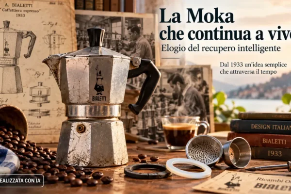 Moka Bialetti in alluminio accanto a ricambi e strumenti di riparazione, con documenti storici del modello del 1933 sullo sfondo.