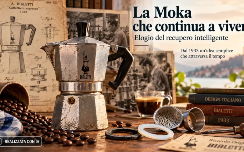 Moka Bialetti in alluminio accanto a ricambi e strumenti di riparazione, con documenti storici del modello del 1933 sullo sfondo.
