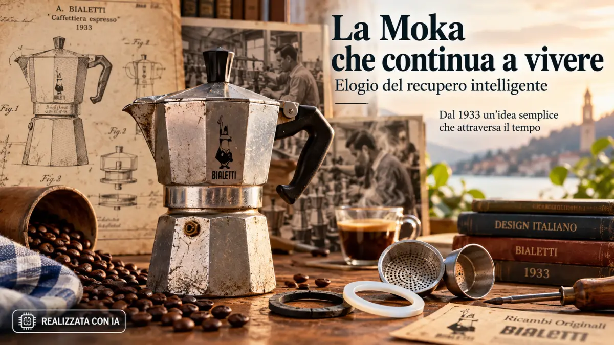 Moka Bialetti in alluminio accanto a ricambi e strumenti di riparazione, con documenti storici del modello del 1933 sullo sfondo.
