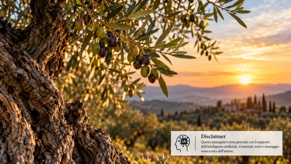 Olivo secolare con olive mature al tramonto nel paesaggio mediterraneo