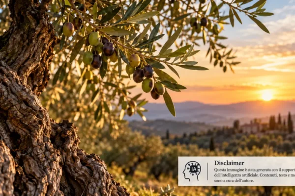 Olivo secolare con olive mature al tramonto nel paesaggio mediterraneo