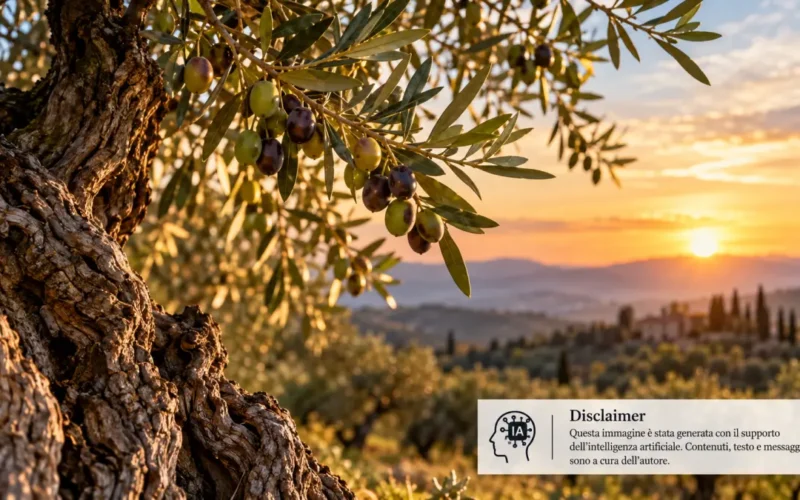 Olivo secolare con olive mature al tramonto nel paesaggio mediterraneo